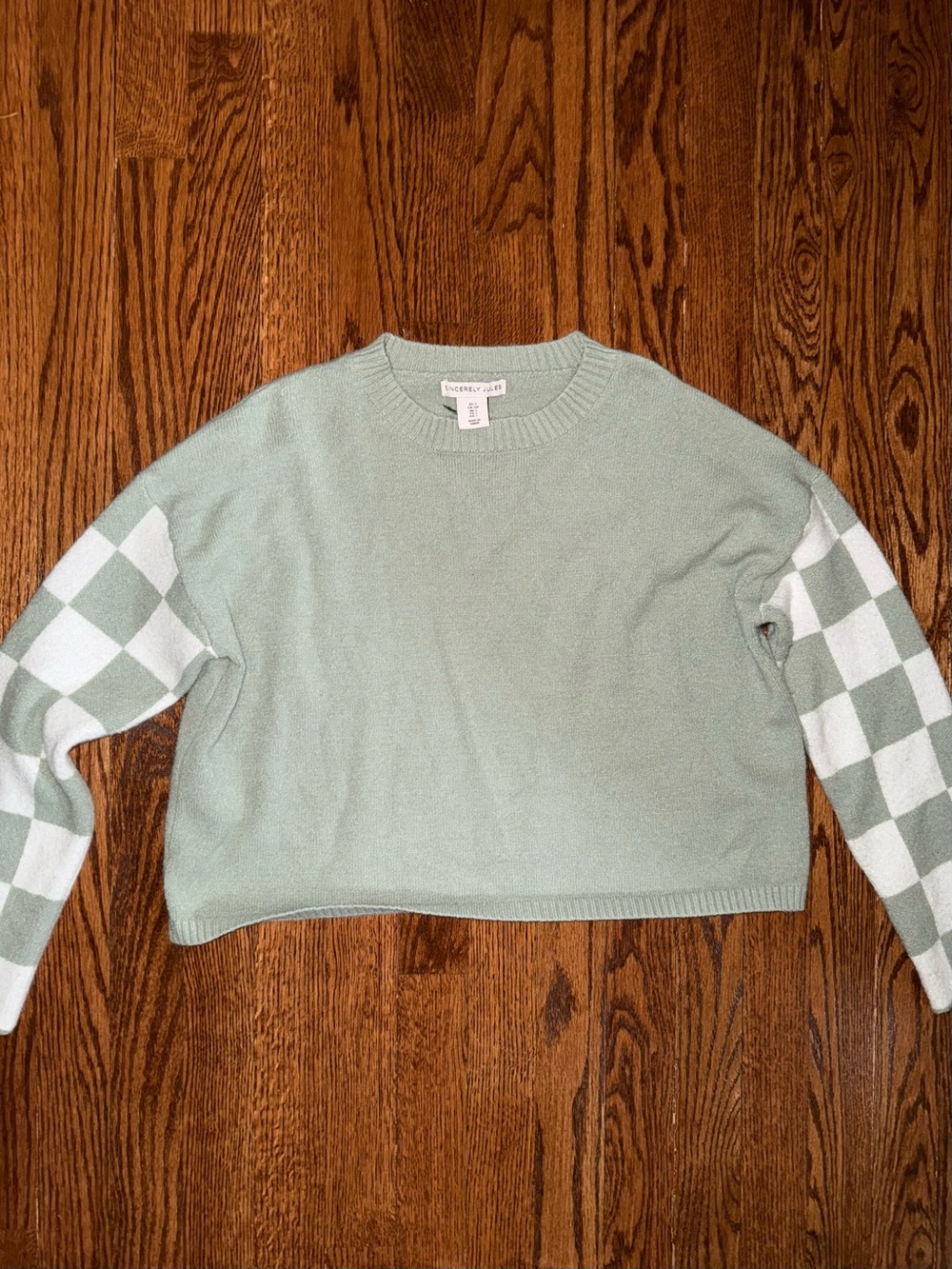 Sincerely Jules Mint Crewneck Sweater with Checkered Sleeves